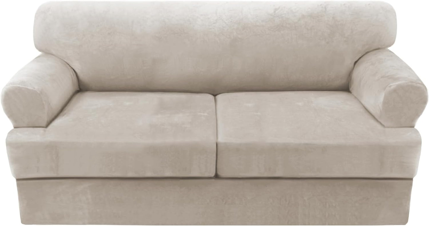 Sofa Cover 2 Piece T Cushion Armchair Slipcovers Thick Velvet Couch Cover Furniture Protector Stretch T Cushion Sofa Covers for 1 Cushion Couch with 1 Individual T Cushion Covers, Ivory