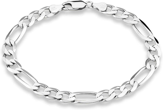 925 Sterling Silver Italian 7mm Solid Diamond-Cut Figaro Link Chain Bracelet for Men, Made in Italy