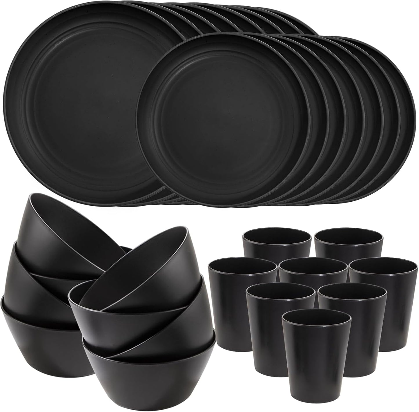 48pcs Grey Straw Dinnerware Set, Plates and Bowls Set, Camping Dish Set for 12, Plastic Dinnerware Set, Dishwasher Safe Dinnerware Set, Unbreakable Plates, Camper Dish Sets, Reusable Tableware