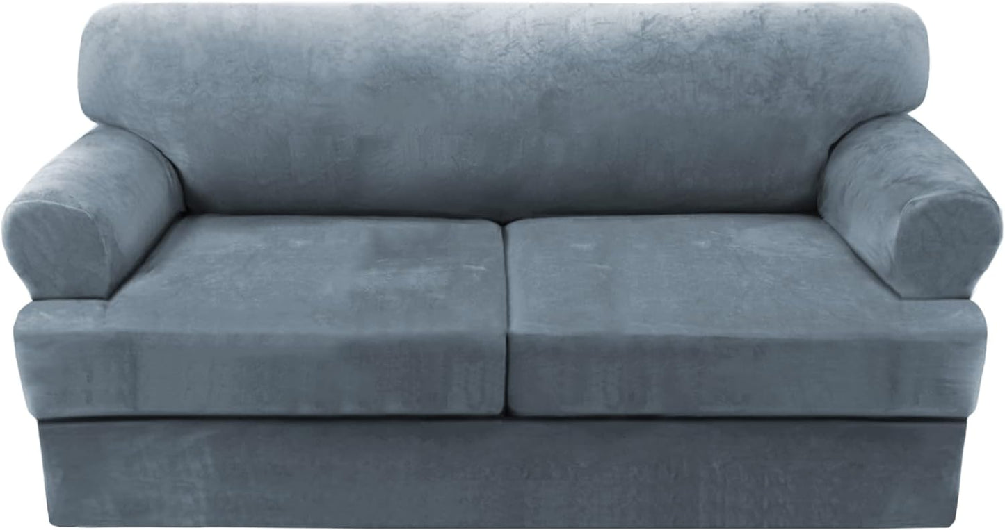 Sofa Cover 2 Piece T Cushion Armchair Slipcovers Thick Velvet Couch Cover Furniture Protector Stretch T Cushion Sofa Covers for 1 Cushion Couch with 1 Individual T Cushion Covers, Ivory