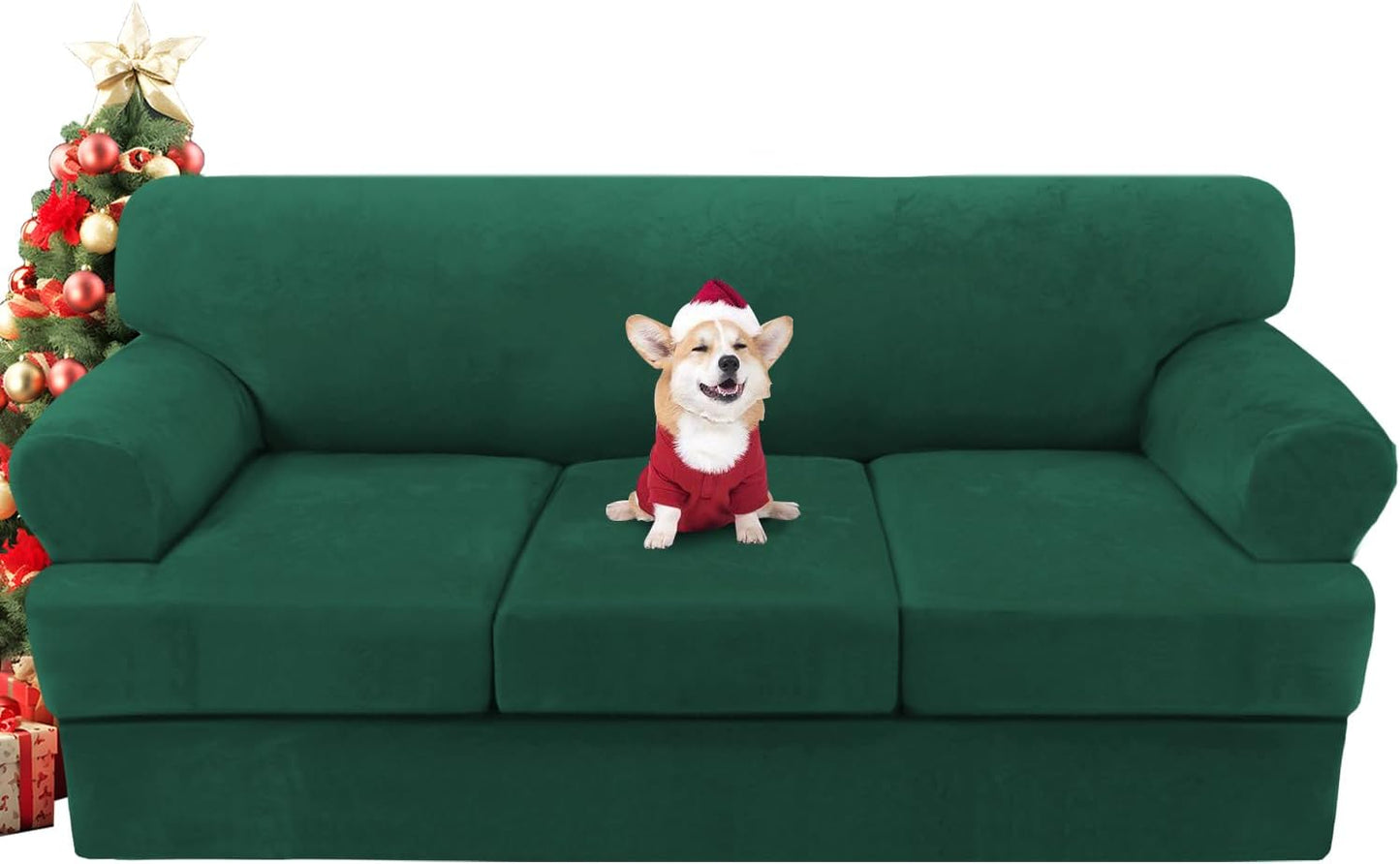 Sofa Cover 2 Piece T Cushion Armchair Slipcovers Thick Velvet Couch Cover Furniture Protector Stretch T Cushion Sofa Covers for 1 Cushion Couch with 1 Individual T Cushion Covers, Ivory