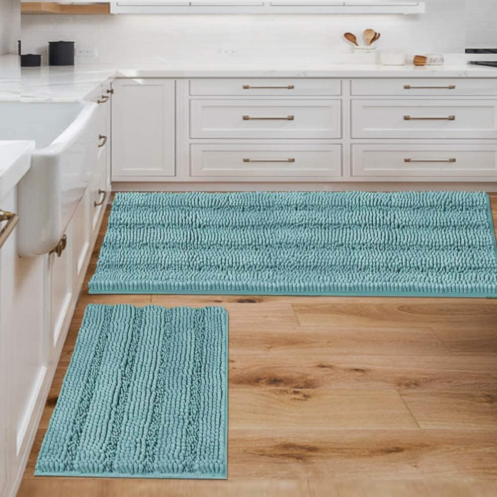 Black Bathroom Rug Set Extra Thick Striped Bath Mats for Bathroom Floor 2 Piece, Anti-Slip Bath Mat Set Soft Plush Chenille Shower Rugs for Bathroom Waterproof (20" x 32"/17" x 24")