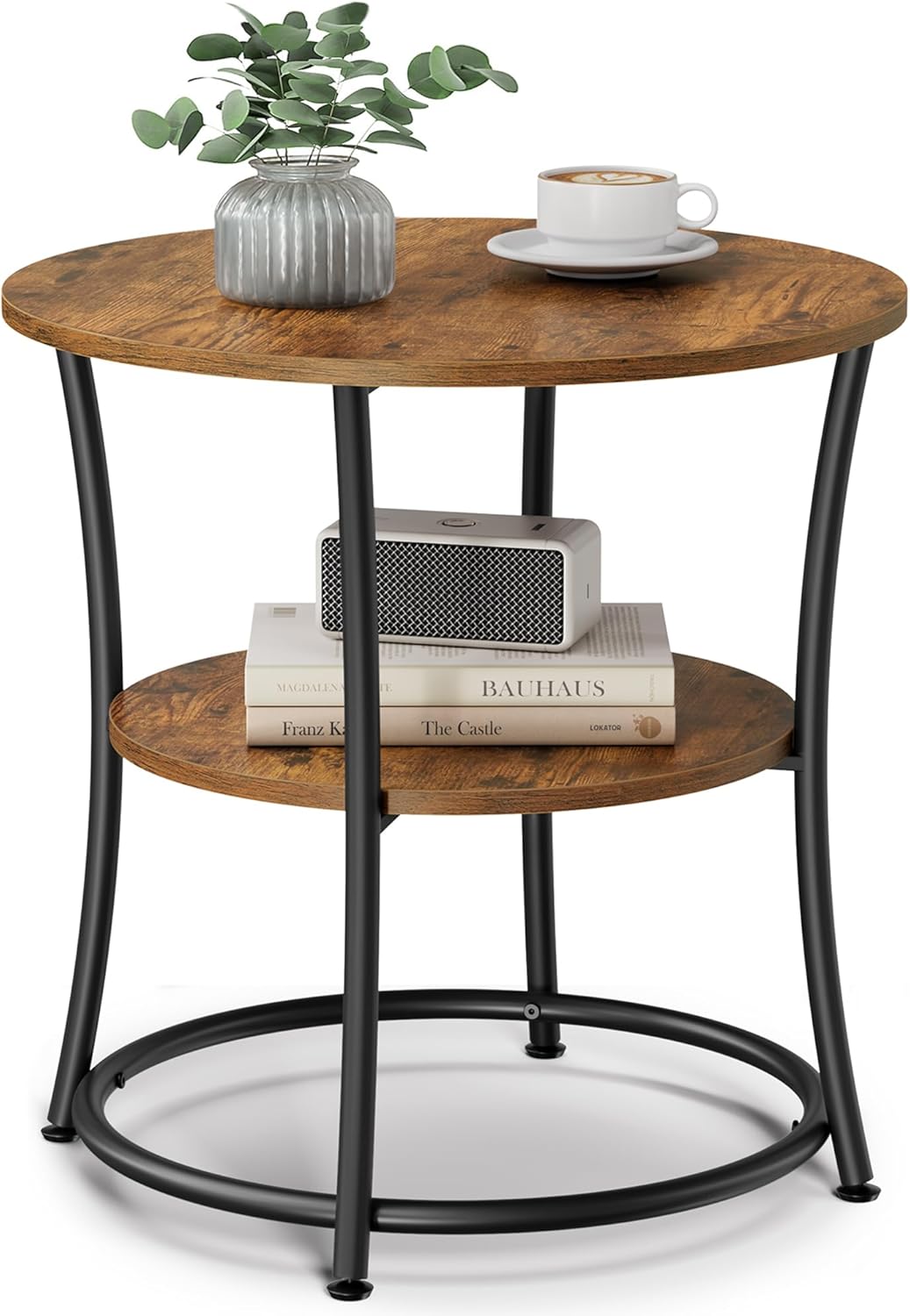 Side Table, Round End Table with 2 Storage Shelves for Living Room, Bedroom, Nightstand with Steel Frame for Small Spaces, Accent Coffee Table, Greige and Ink Black