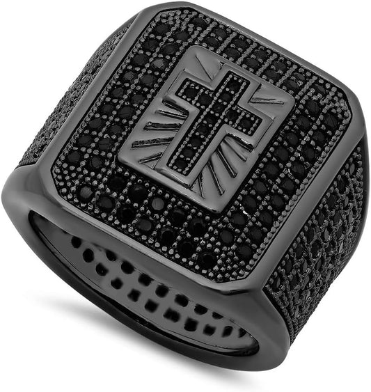 Black Plated Micro-Pave Iced Out Cubic Zirconia Cross Ring