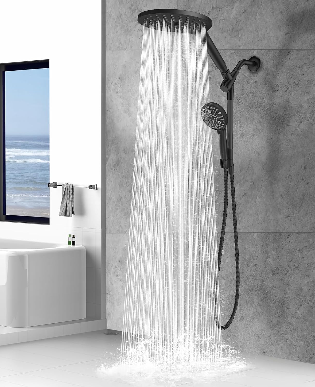 Dual Handheld Shower Head Combo, 2-in-1 Rain Shower Heads System 8 Inch Rainfall Shower Head and 10 Modes High Pressure Hand Held Showerhead with Built-in Power Wash