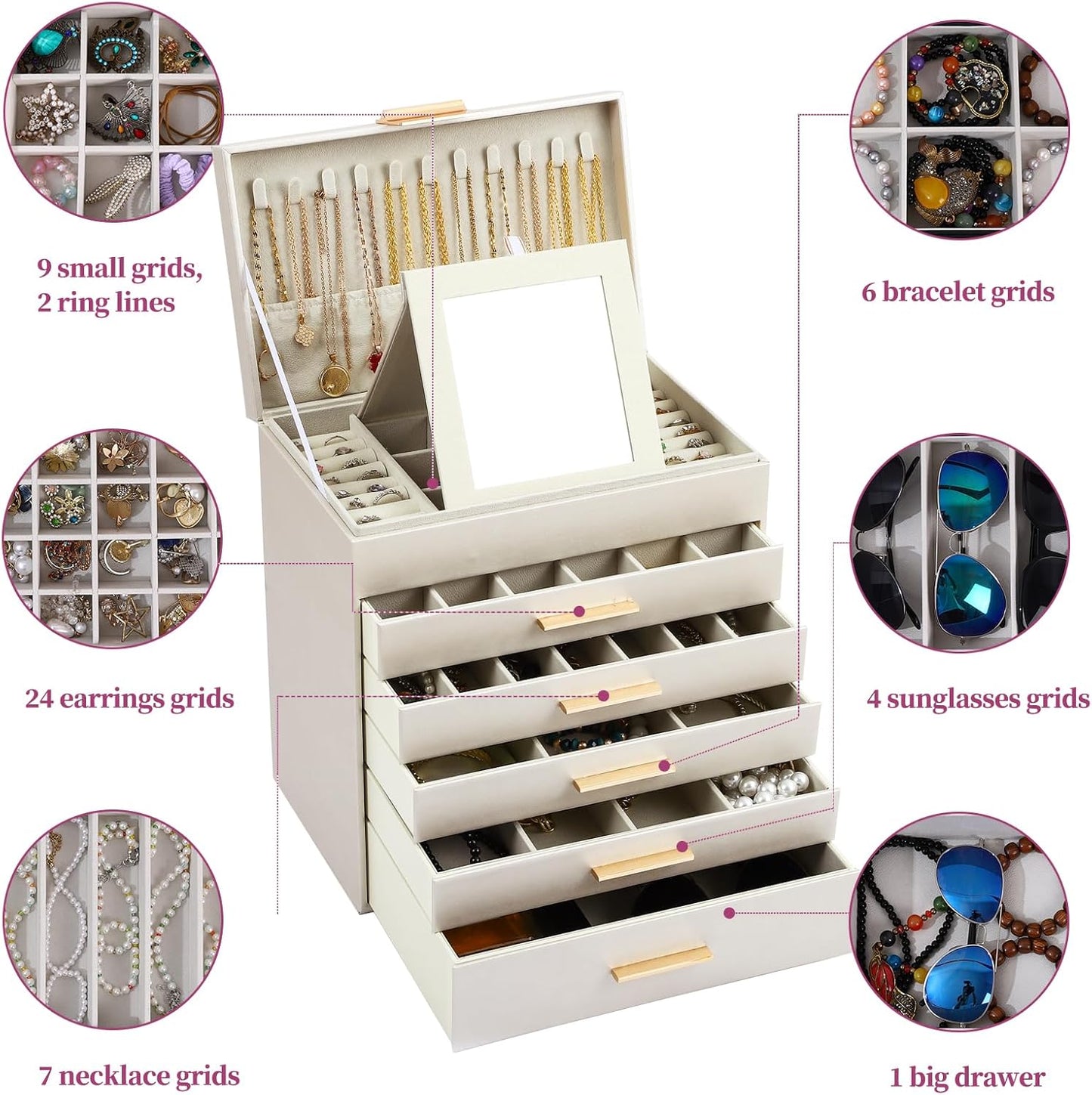 Jewelry Boxes for Women, White and Black 6 Layer Large Jewelry Box for Necklace, Bracelet, Earrings, Rings Storage, Jewelry holder Organizer for Girls Gift (Champagne, 6 layer)