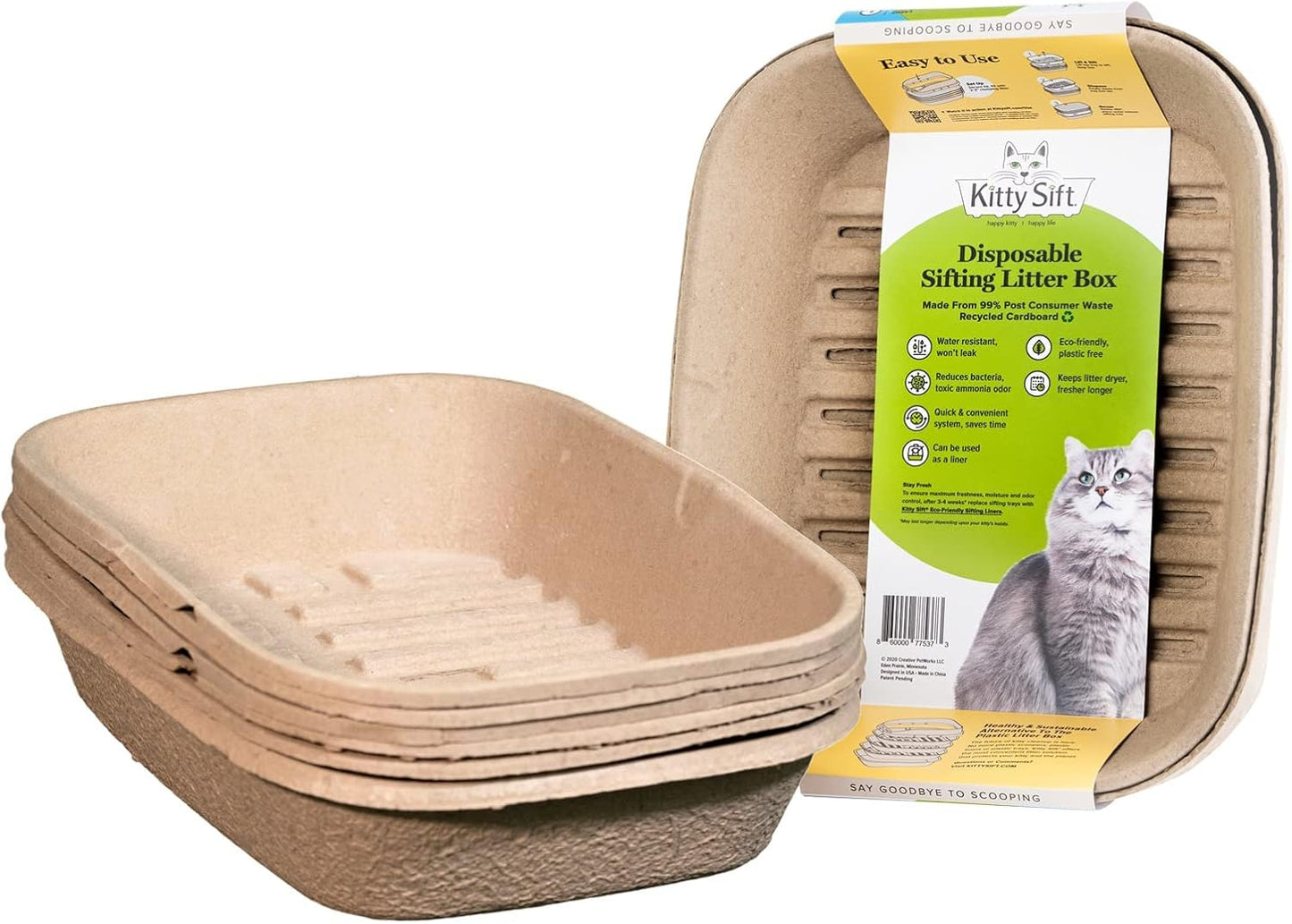Set of 1 Litter Box & 5 Sifting Liners Sustainable, Clean, Sifting, Disposable Cat Litter Box Kit - Jumbo, 6-Set Kit