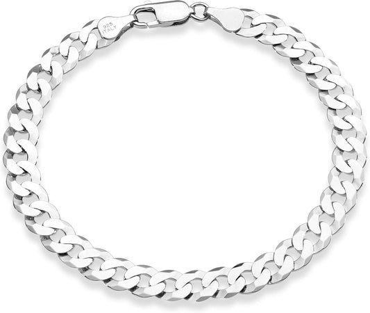 925 Sterling Silver Italian 7mm Solid Diamond-Cut Cuban Link Curb Chain Bracelet for Men Women, Made in Italy