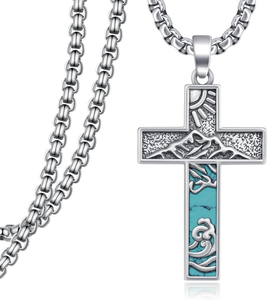 Turquoise Necklace 925 Sterling Silver Western Cross Pendant Necklaces Vintage Turquoise Jewelry for Men Native American Jewelry Gifts