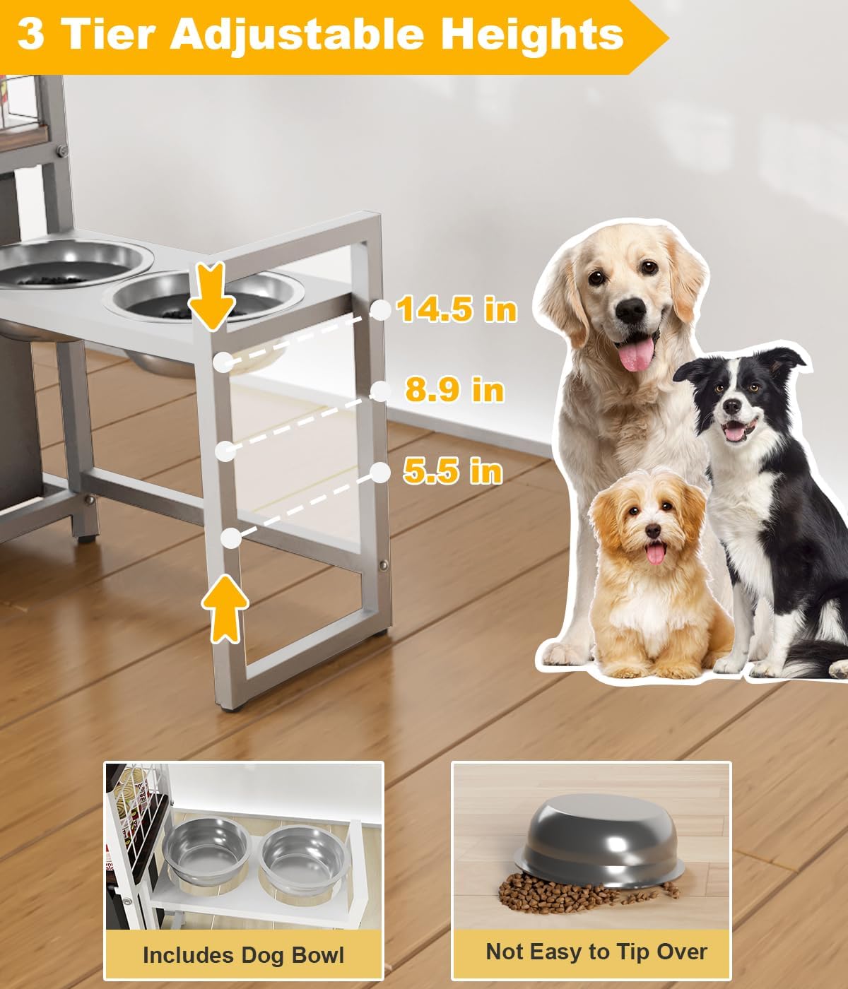 Elevated Dog Bowls Dog Toy Basket Pet Feeding Station, Adjustable Dog Raised Bowl Stand with Pet Storage Organizer for Large Medium Small Dogs and Cats, White (Include 2 Food Bowls)