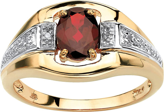 Men's Yellow Gold-Plated Sterling Silver Oval Cut Genuine Red Garnet or Mystic Fire Topaz and Diamond Accent Ring