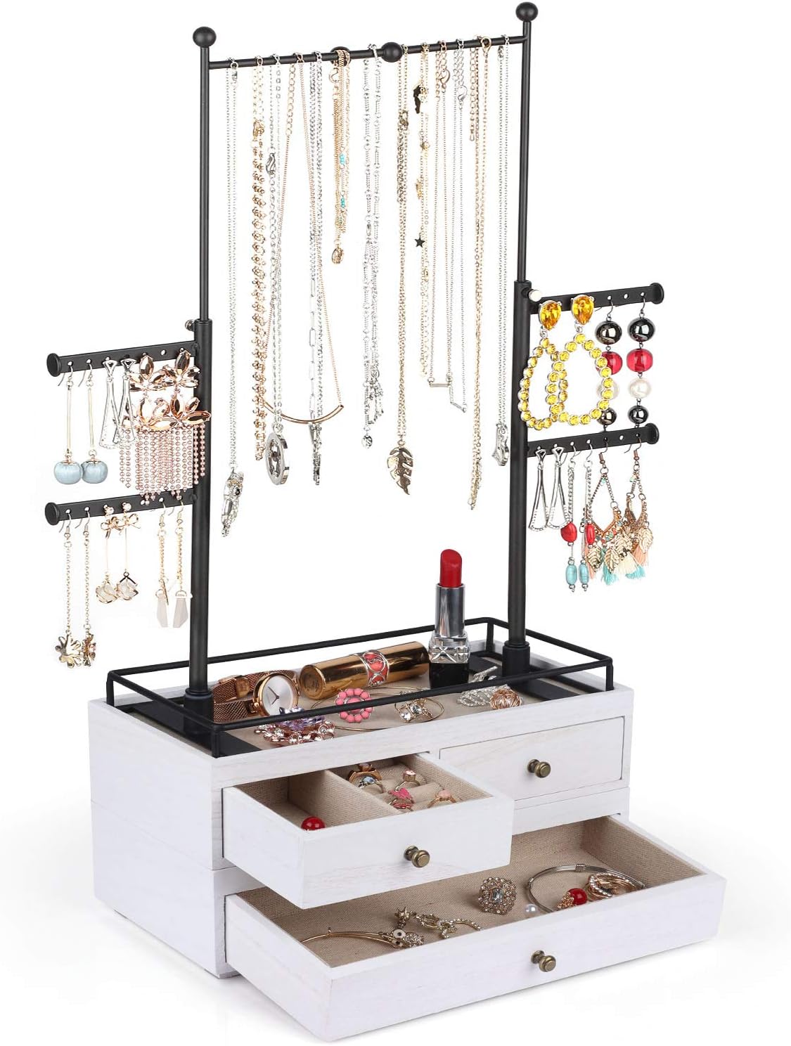 Jewelry Organizer - 2 Layer Wooden Jewelry Drawer Storage Box with 6 Tier Jewelry Tree Stand, Jewelry Display for Necklaces Bracelet Earring Ring Weathered Grey