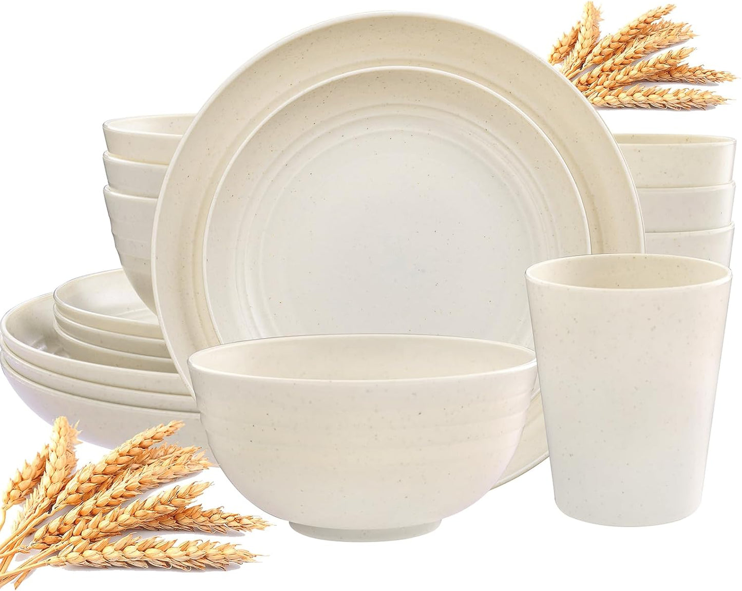 48pcs Grey Straw Dinnerware Set, Plates and Bowls Set, Camping Dish Set for 12, Plastic Dinnerware Set, Dishwasher Safe Dinnerware Set, Unbreakable Plates, Camper Dish Sets, Reusable Tableware