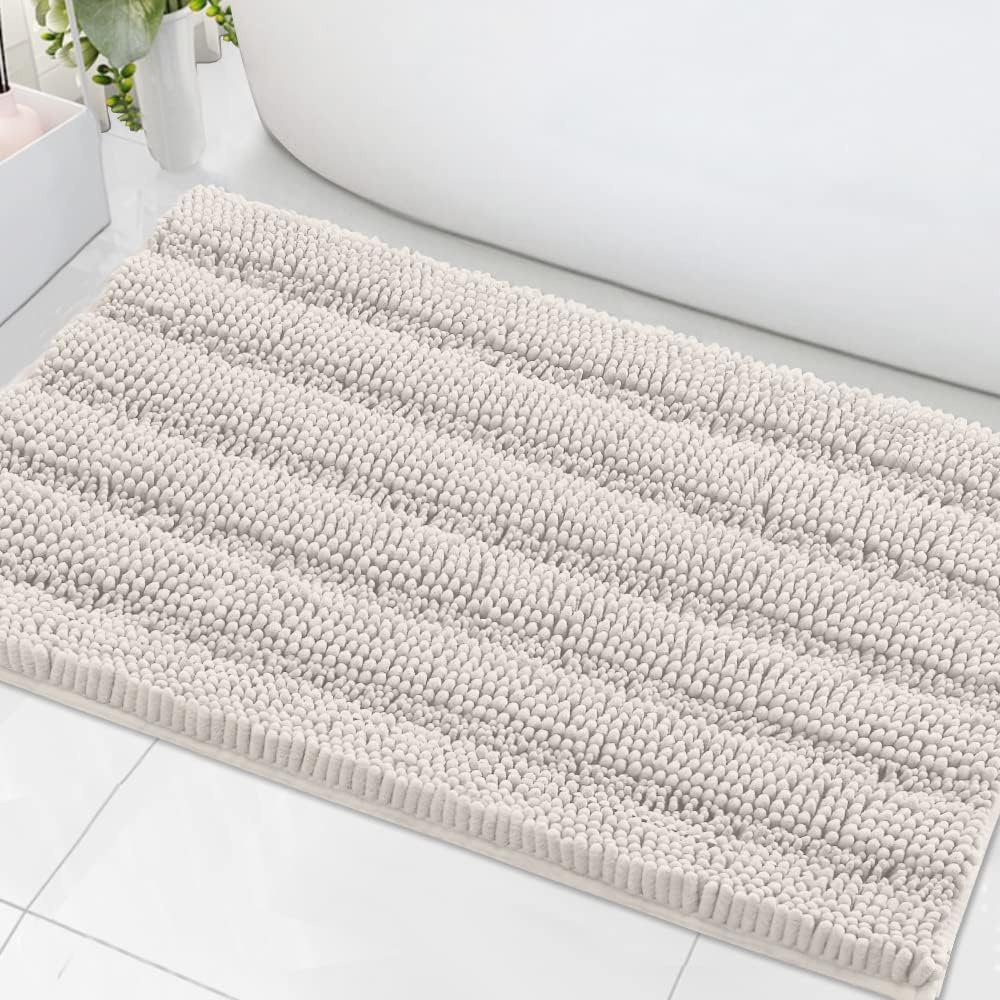 Black Bathroom Rug Set Extra Thick Striped Bath Mats for Bathroom Floor 2 Piece, Anti-Slip Bath Mat Set Soft Plush Chenille Shower Rugs for Bathroom Waterproof (20" x 32"/17" x 24")