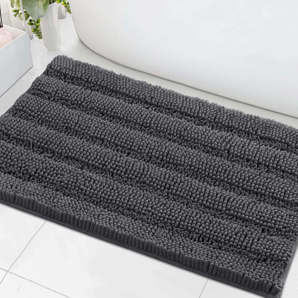 Black Bathroom Rug Set Extra Thick Striped Bath Mats for Bathroom Floor 2 Piece, Anti-Slip Bath Mat Set Soft Plush Chenille Shower Rugs for Bathroom Waterproof (20" x 32"/17" x 24")