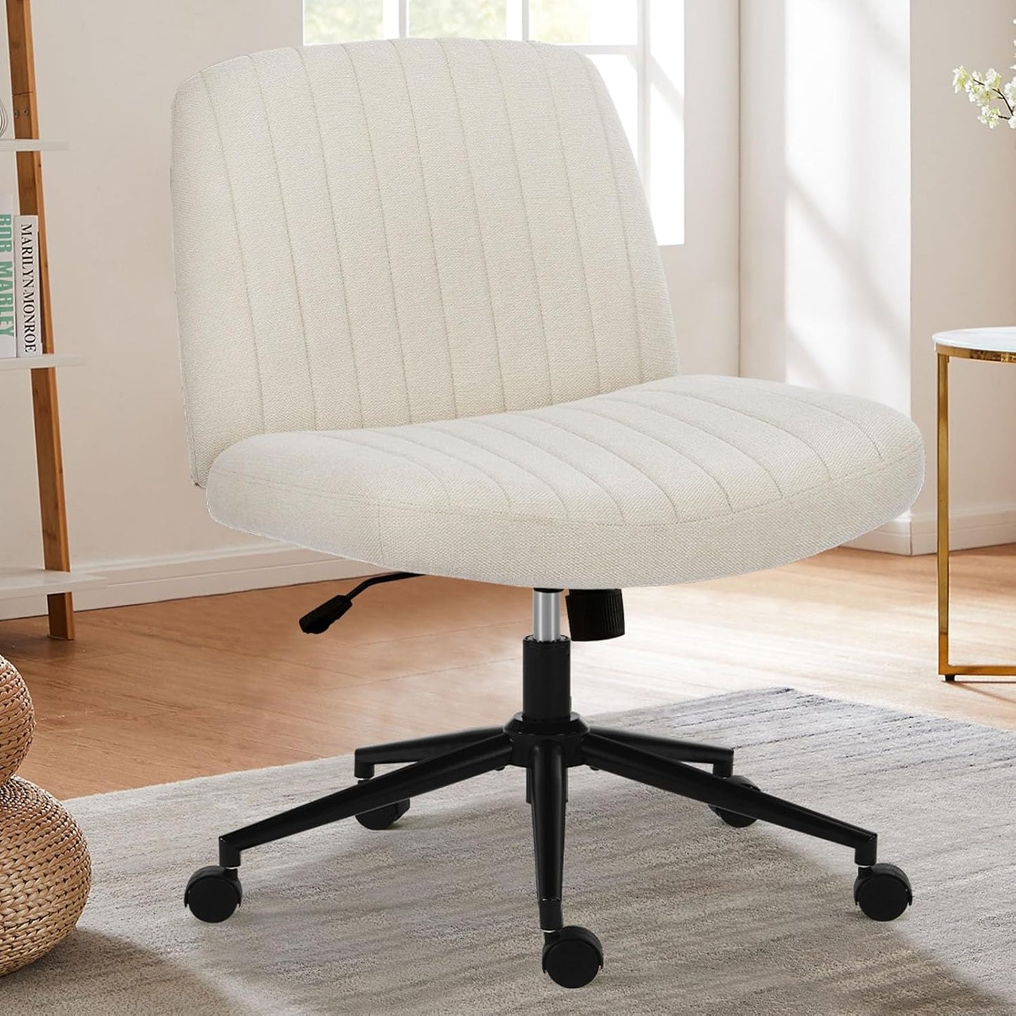 Criss Cross Chair Legged, Armless Office Desk Chair No Wheels, Swivel Vanity Chair, Height Adjustable Wide Seat Computer Task Chair, Fabric Vanity Modern Home Chair Blue
