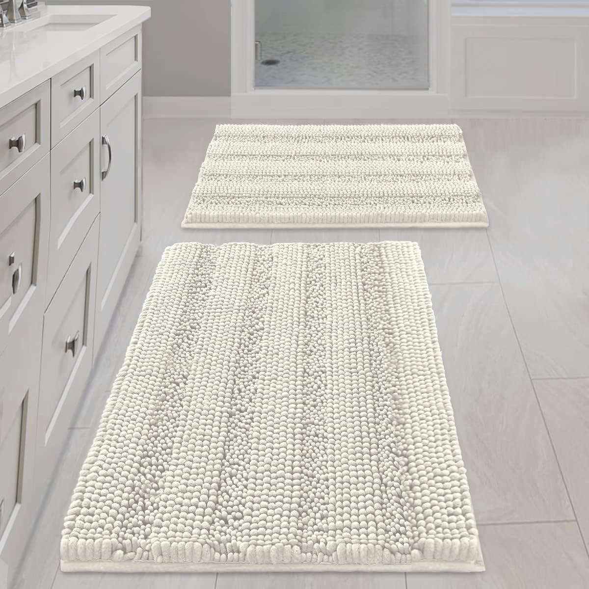 Black Bathroom Rug Set Extra Thick Striped Bath Mats for Bathroom Floor 2 Piece, Anti-Slip Bath Mat Set Soft Plush Chenille Shower Rugs for Bathroom Waterproof (20" x 32"/17" x 24")