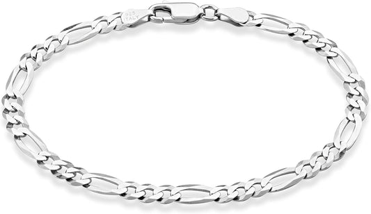 Solid 925 Sterling Silver Italian 5mm Diamond-Cut Figaro Chain Bracelet for Women Men, Made in Italy