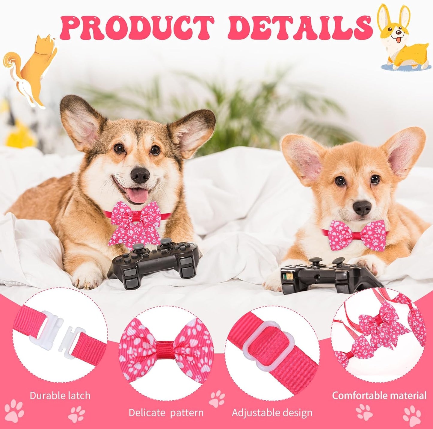100 Pieces Dog Bow Tie Collar Set Include 40 Dog Neckties, and 30 Puppy Bowties, 30 Collar Flowers, Adjustable Pet Ties Grooming for Small Medium Cats Pets Supply(Paw Bone)