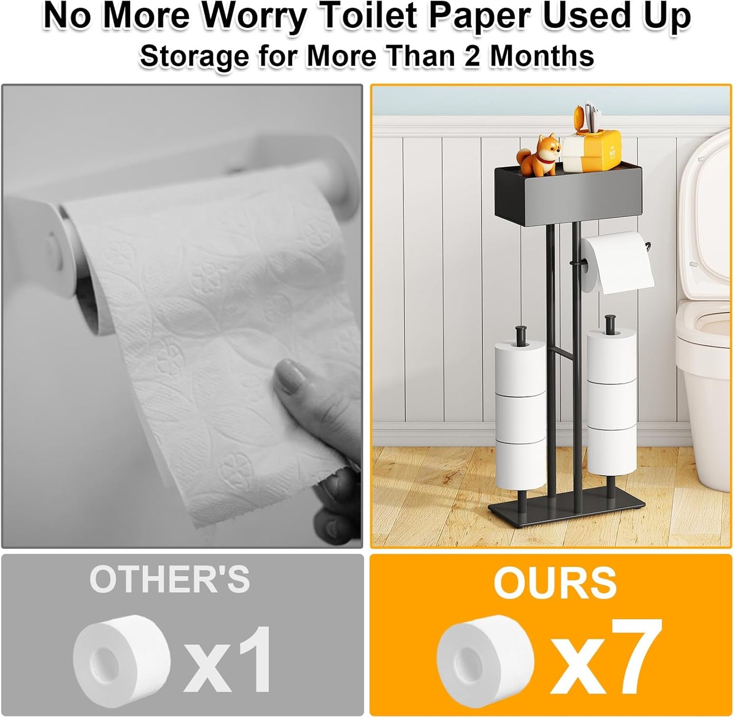 Free Standing Toilet Paper Holder with Shelf,Stand Mega Roll Toilet Paper Holder with Storage,Freestanding Tp Holder with Drawer for Wipes,No Drill,Matte Black,Bathroom