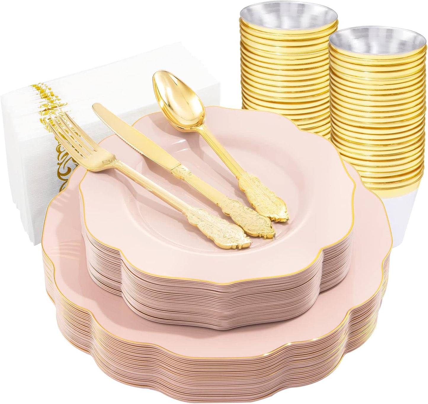 175PCS Pink Plastic Plates - Pink Plates with Gold Disposable Silverware - Include 50 Plates,25 Knives,25 Forks,25 Spoons,25 Cups and 25 Napkins - Ideal for Wedding & Party