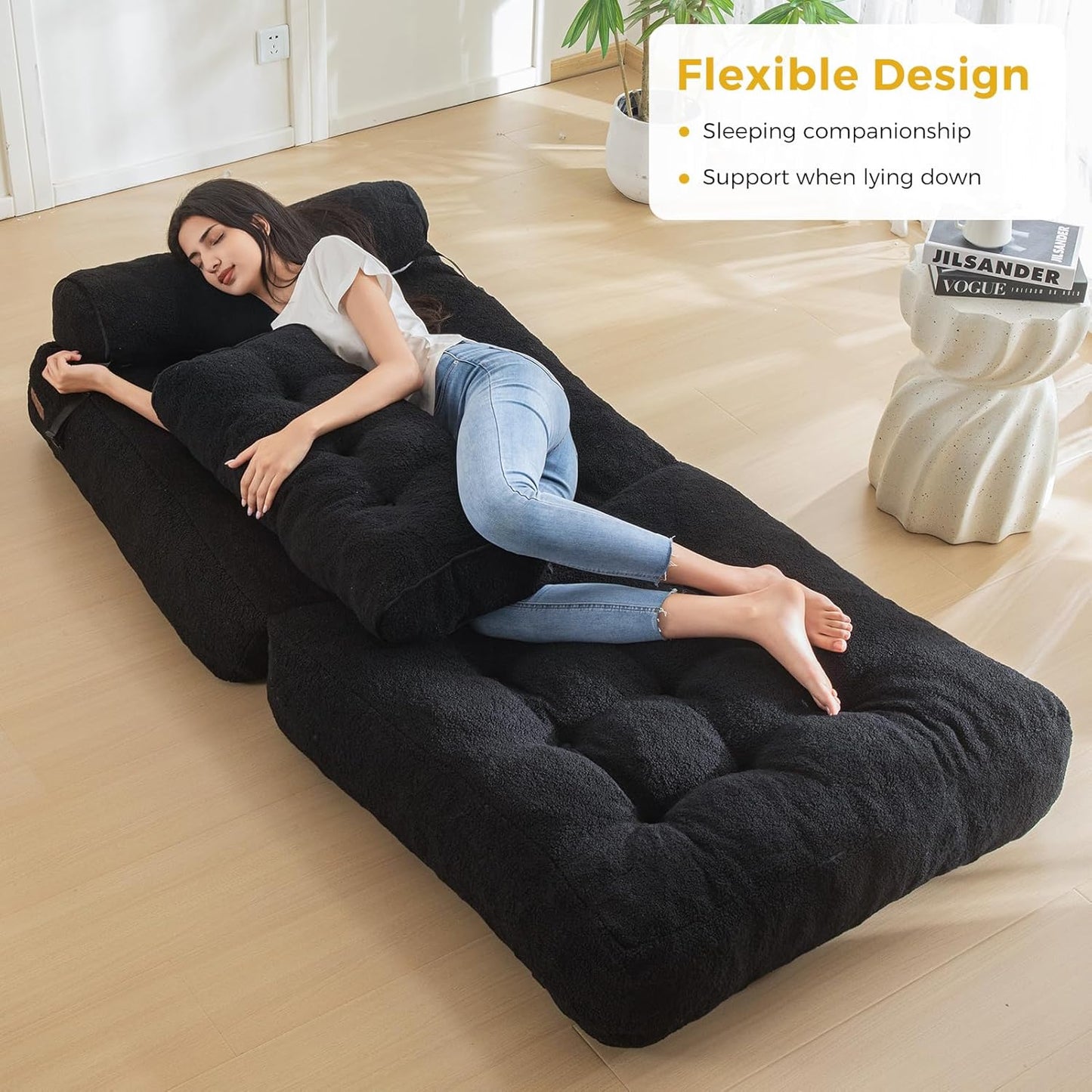 Folding Sofa Bed, Convertible Sleeper Chair with Pillow Foldable Mattress with Back Support, Portable Fold Out Sofa Couch Fuzzy Fabric Comfy Floor Sofa Lounge for Living Room Apartment, Black