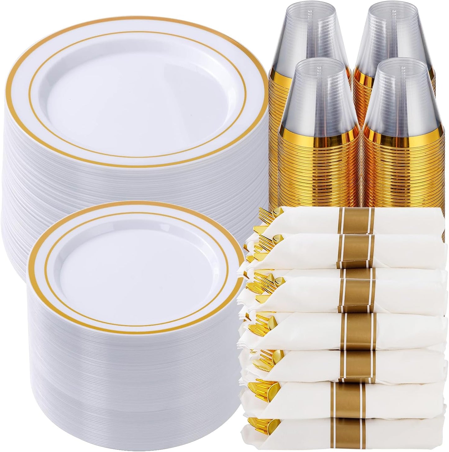 350 Piece Silver Plastic Dinnerware Set for 50 Guests, Fancy Disposable Plates for Party, Include: 50 Dinner Plates, 50 Dessert Plates, 50 Pre Rolled Napkins with Silver Silverware, 50 Cups