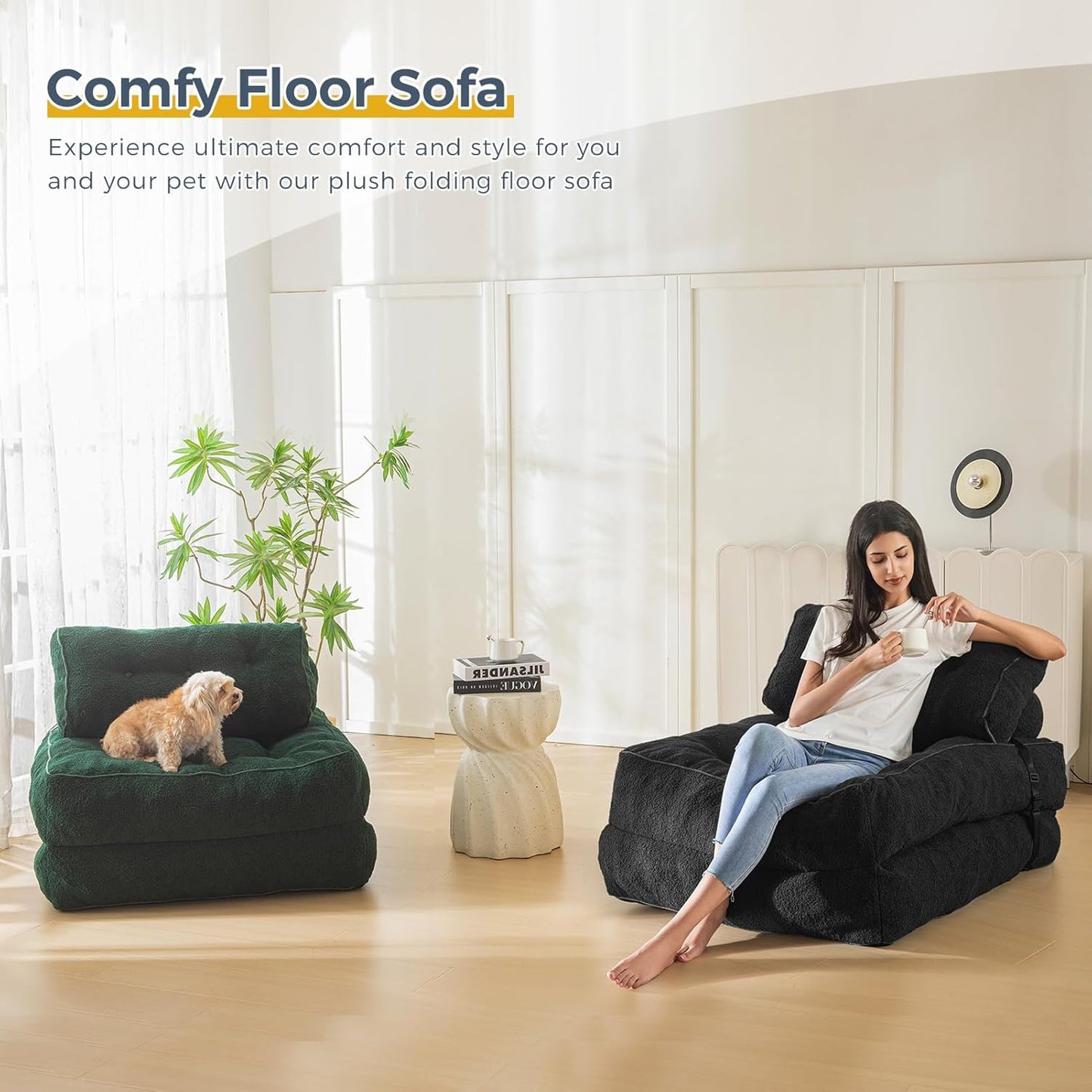 Folding Sofa Bed, Convertible Sleeper Chair with Pillow Foldable Mattress with Back Support, Portable Fold Out Sofa Couch Fuzzy Fabric Comfy Floor Sofa Lounge for Living Room Apartment, Black