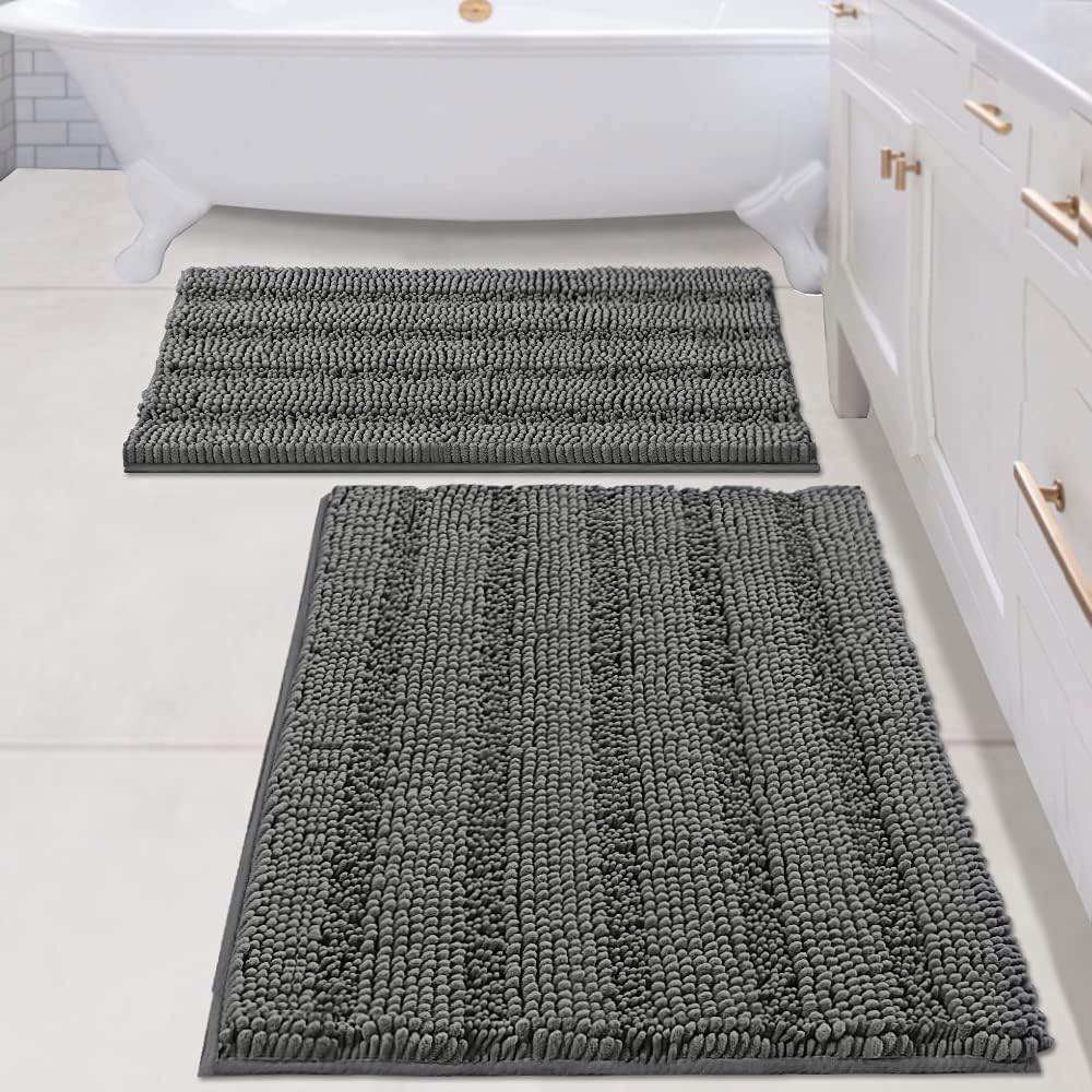 Black Bathroom Rug Set Extra Thick Striped Bath Mats for Bathroom Floor 2 Piece, Anti-Slip Bath Mat Set Soft Plush Chenille Shower Rugs for Bathroom Waterproof (20" x 32"/17" x 24")