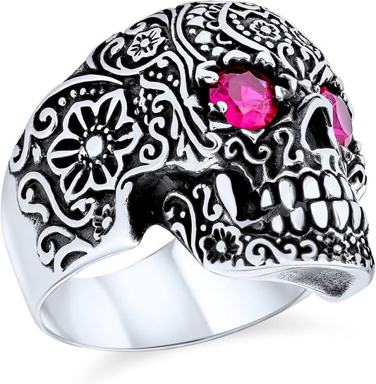 Personalize Large Mens Punk Rocker Biker Jewelry Halloween Devil Demon Gothic Caribbean Pirate Day Of Dead Simulated Red Ruby CZ Eyes Skull Head Signet Ring For Men Oxidized .925 Sterling Silver