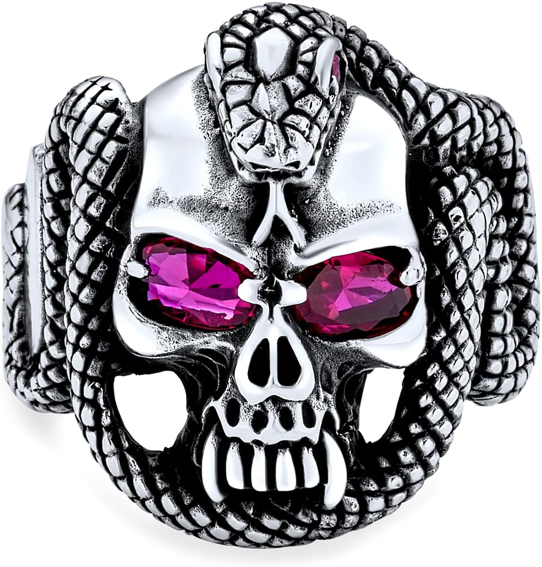 Personalize Large Mens Punk Rocker Biker Jewelry Halloween Devil Demon Gothic Caribbean Pirate Day Of Dead Simulated Red Ruby CZ Eyes Skull Head Signet Ring For Men Oxidized .925 Sterling Silver