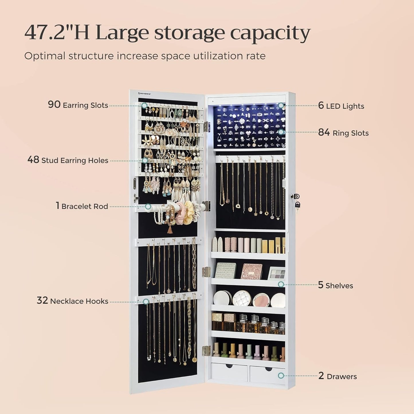 6 LEDs Mirror Jewelry Cabinet, 47.2-Inch Tall Lockable Wall or Door Mounted Jewelry Armoire Organizer with Mirror, 2 Drawers, 3.9 x 14.6 x 47.2 Inches