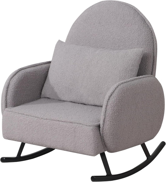 Single Kid Rocking Sofa with Sherpa Fabric, Kid Armchair with Shaky Metal Foot,Individual Pillow Toddler Sofa Chair for Kid Sitting (Grey)