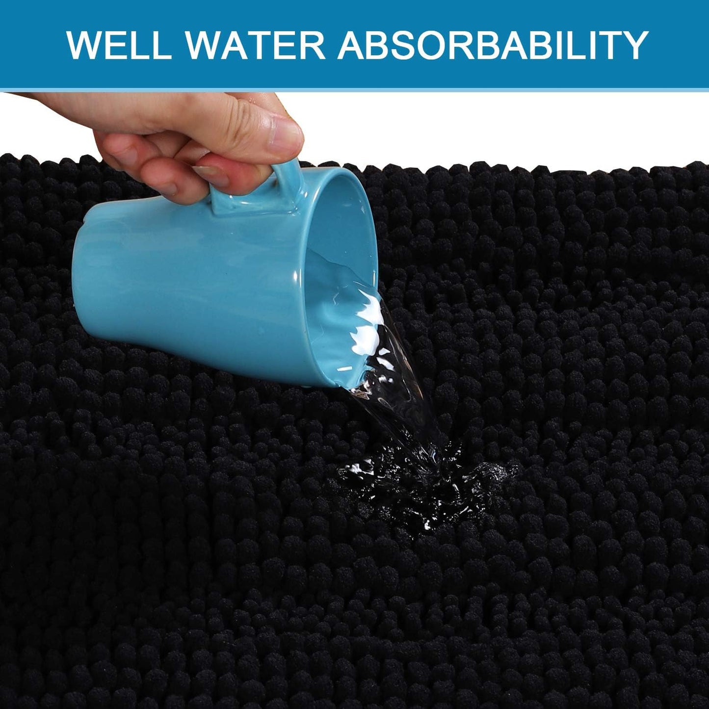Black Bathroom Rug Set Extra Thick Striped Bath Mats for Bathroom Floor 2 Piece, Anti-Slip Bath Mat Set Soft Plush Chenille Shower Rugs for Bathroom Waterproof (20" x 32"/17" x 24")