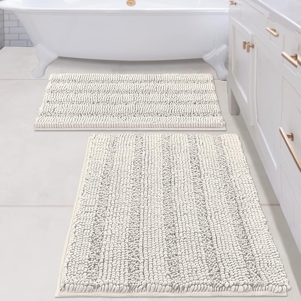 Black Bathroom Rug Set Extra Thick Striped Bath Mats for Bathroom Floor 2 Piece, Anti-Slip Bath Mat Set Soft Plush Chenille Shower Rugs for Bathroom Waterproof (20" x 32"/17" x 24")