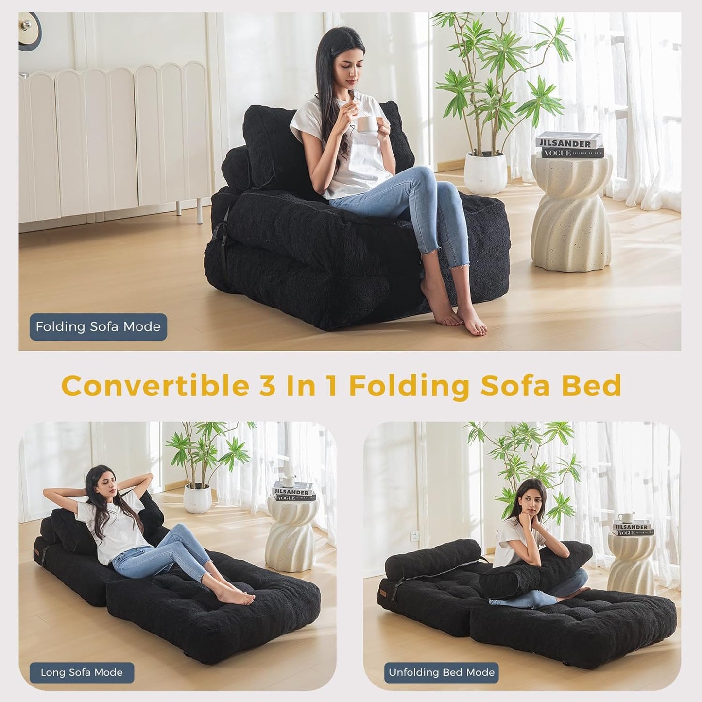 Folding Sofa Bed, Convertible Sleeper Chair with Pillow Foldable Mattress with Back Support, Portable Fold Out Sofa Couch Fuzzy Fabric Comfy Floor Sofa Lounge for Living Room Apartment, Black