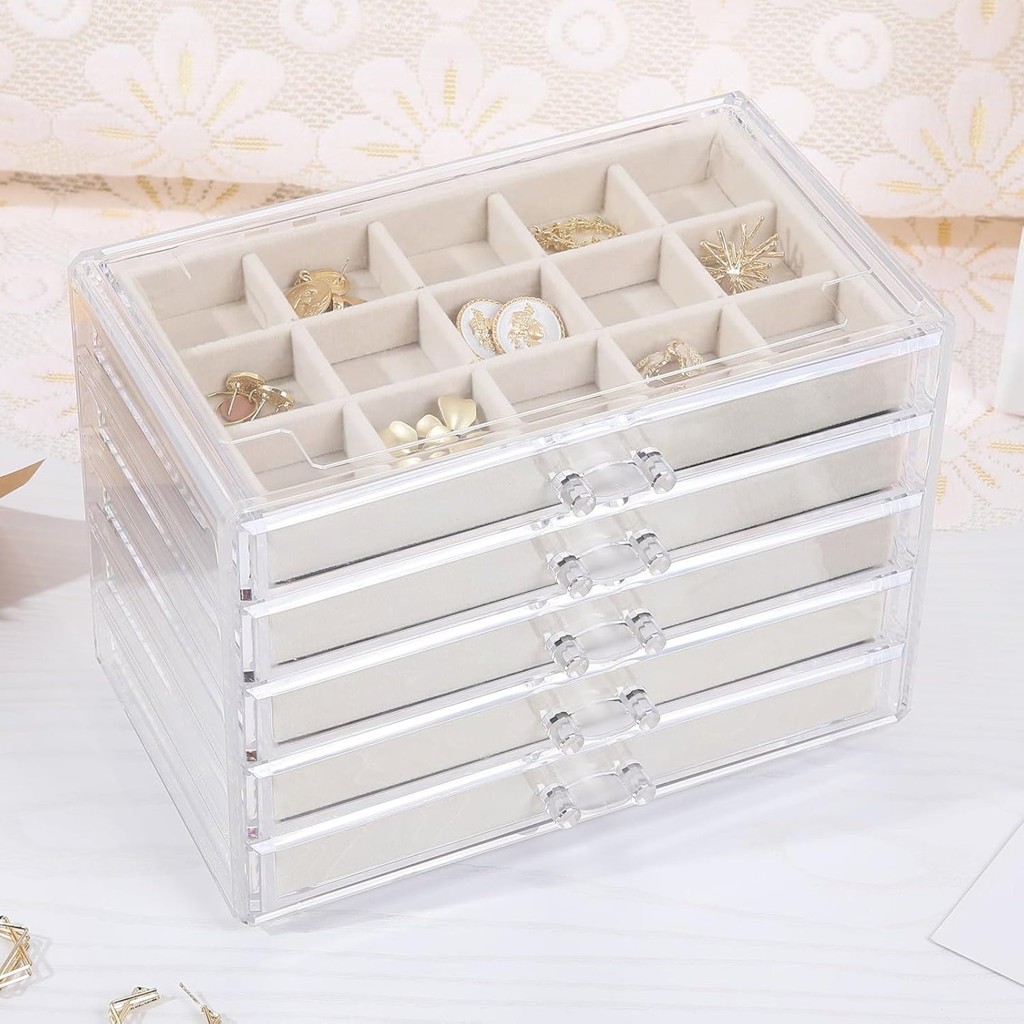 Earring Jewelry Organizer with 5 Drawers, Birthday Present, Clear Acrylic Jewelry Box for Women, Velvet Earring Display Holder for Earrings Ring Bracelet Necklace, Cream