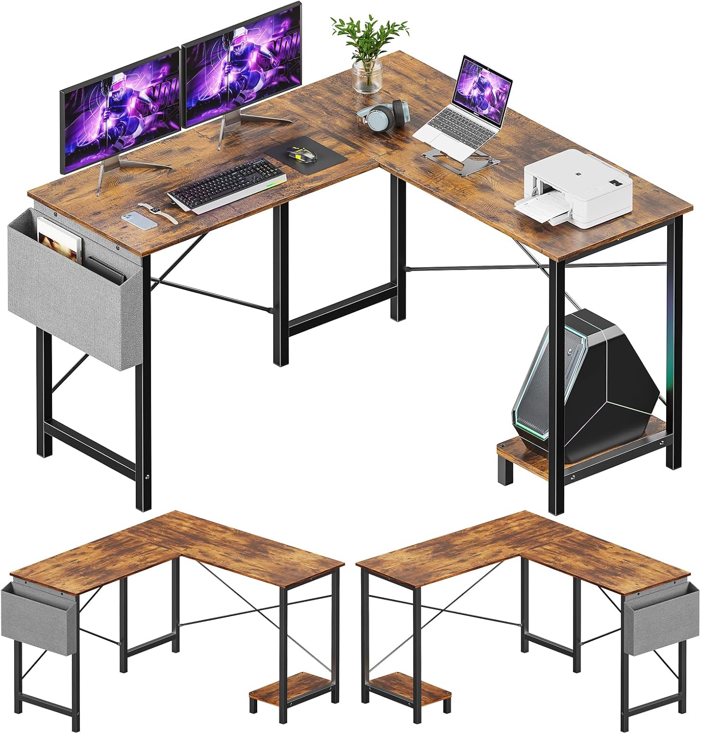 L Shaped Desk - Computer Desk Corner Desks Gaming Desk PC Table with CPU Stand Side Bag for Home Office Dorm Sturdy Writing Workstation, Black, 50-Inch