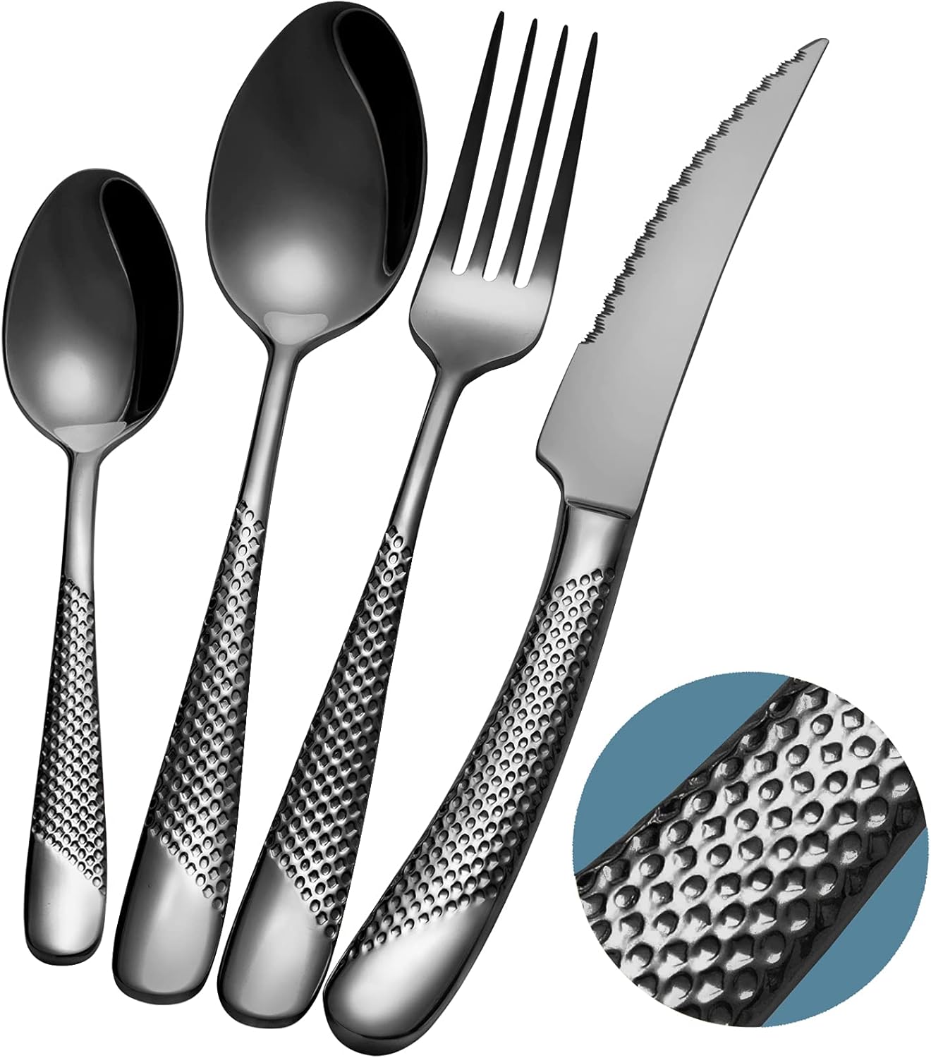 16-Piece Modern Hammered Cutlery Set with Ultra Sharp 2-in-1 Serrated Knife, 18/10 Stainless Steel Silverware Set, Flatware Set Service for 4, Tableware Utensil Set, Forks Spoons Knives Set