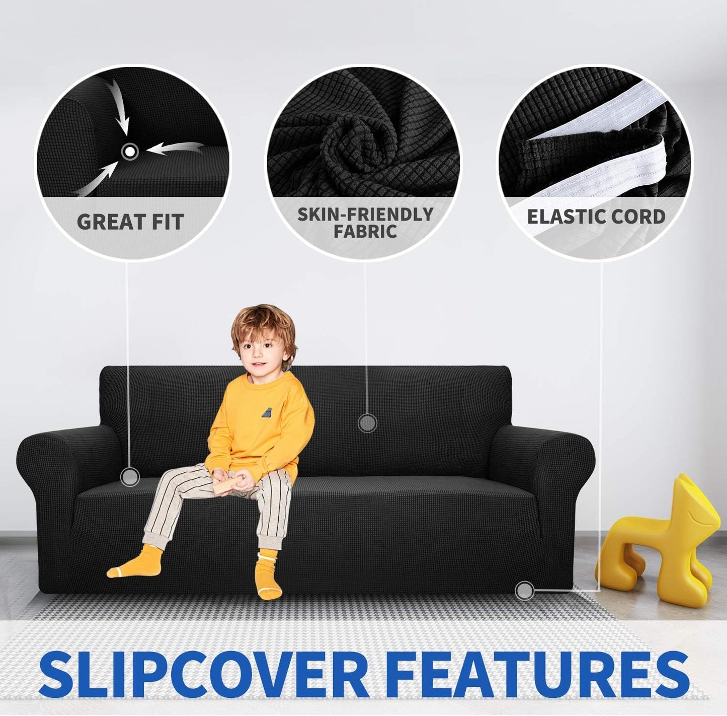 Super Stretch Couch Cover for 3 Cushion Couch, 1-Piece Universal Sofa Covers Living Room Jacquard Spandex Furniture Protector Dogs Pet Friendly Fitted (Large, Black)
