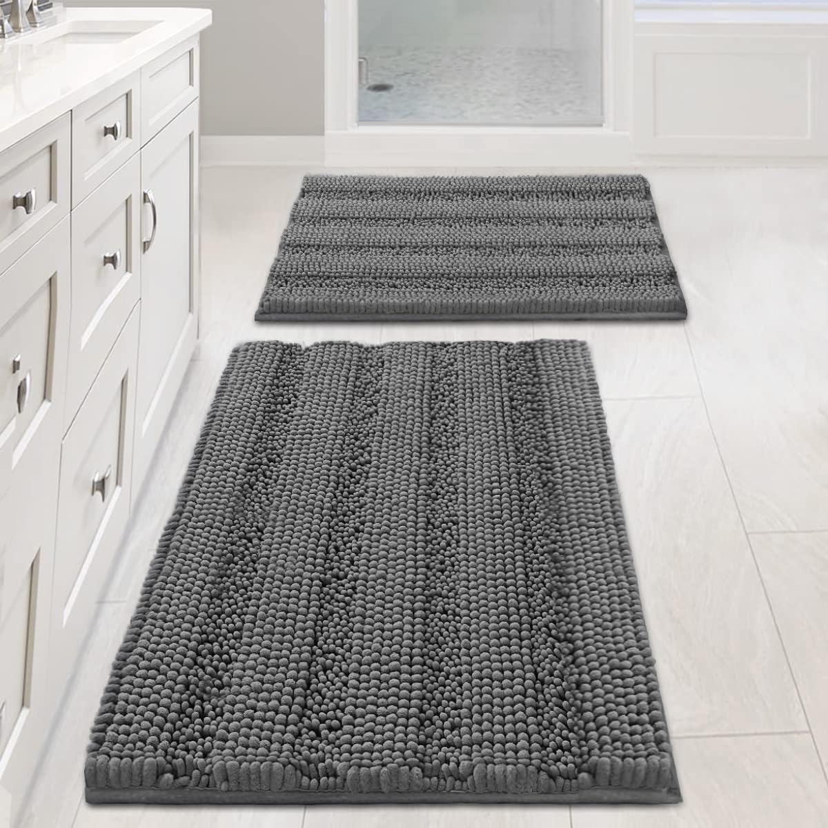 Black Bathroom Rug Set Extra Thick Striped Bath Mats for Bathroom Floor 2 Piece, Anti-Slip Bath Mat Set Soft Plush Chenille Shower Rugs for Bathroom Waterproof (20" x 32"/17" x 24")