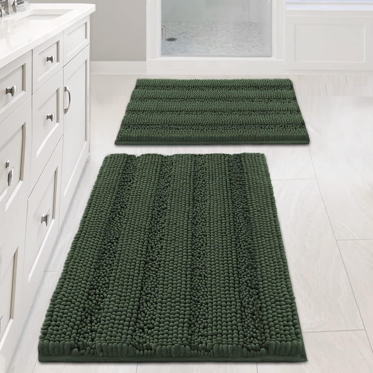 Black Bathroom Rug Set Extra Thick Striped Bath Mats for Bathroom Floor 2 Piece, Anti-Slip Bath Mat Set Soft Plush Chenille Shower Rugs for Bathroom Waterproof (20" x 32"/17" x 24")