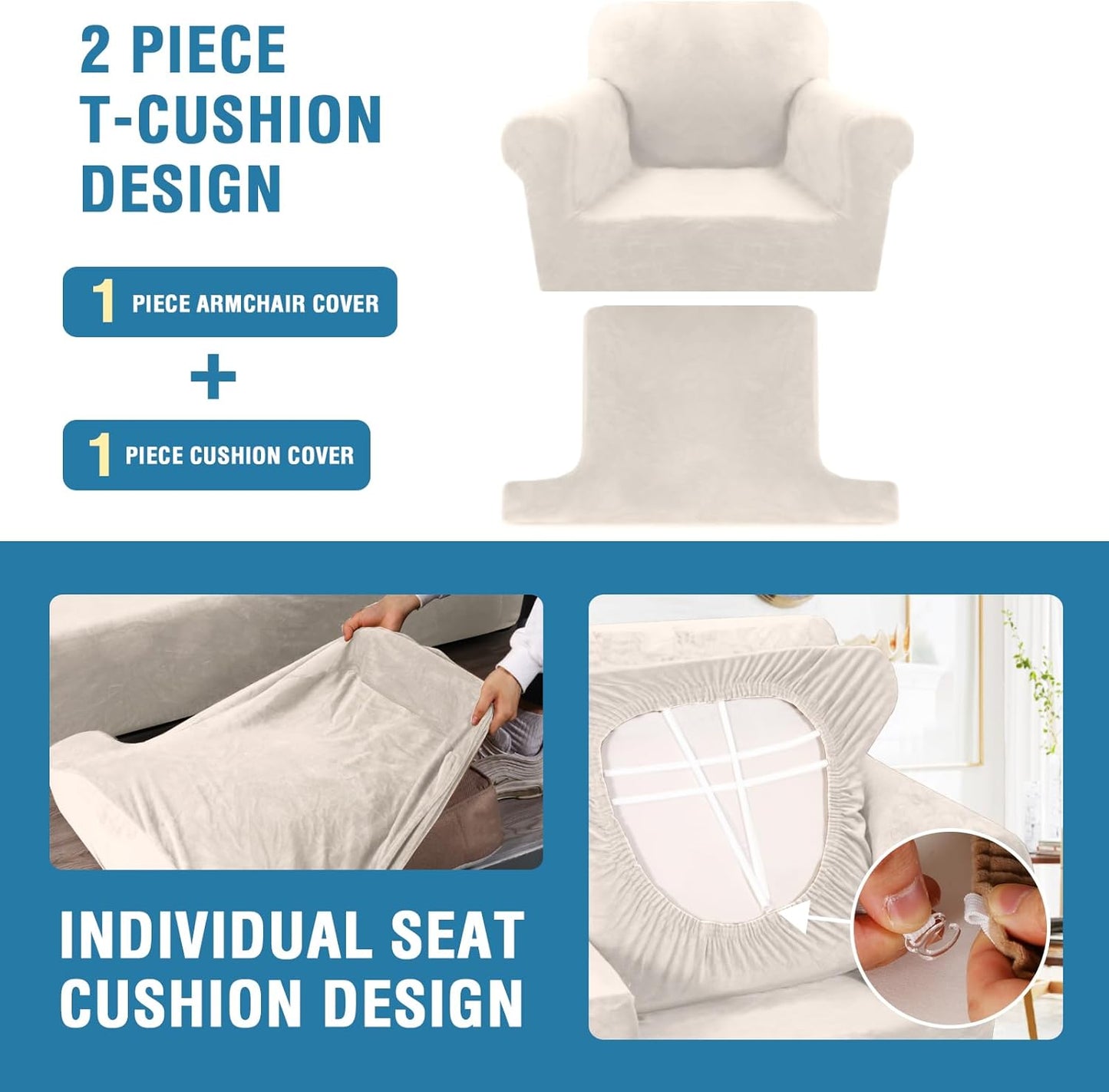 Sofa Cover 2 Piece T Cushion Armchair Slipcovers Thick Velvet Couch Cover Furniture Protector Stretch T Cushion Sofa Covers for 1 Cushion Couch with 1 Individual T Cushion Covers, Ivory