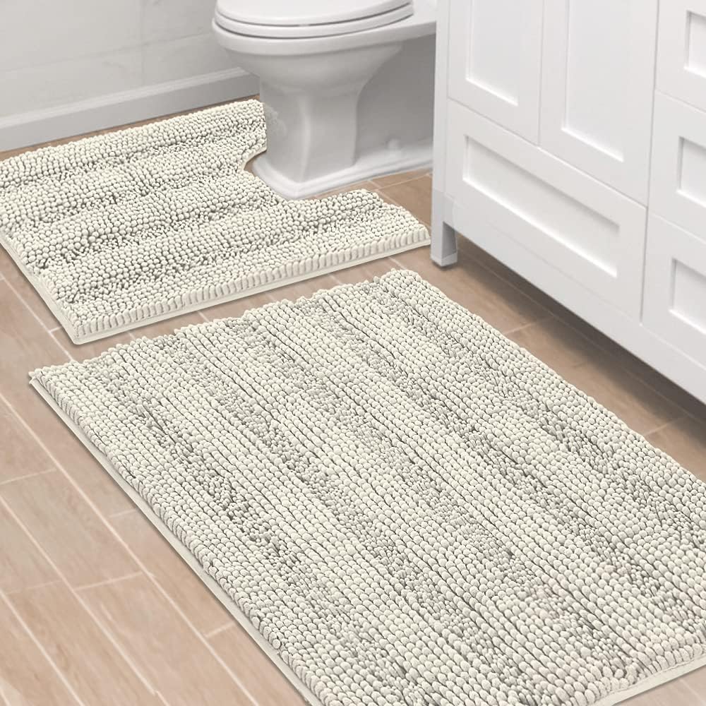 Black Bathroom Rug Set Extra Thick Striped Bath Mats for Bathroom Floor 2 Piece, Anti-Slip Bath Mat Set Soft Plush Chenille Shower Rugs for Bathroom Waterproof (20" x 32"/17" x 24")