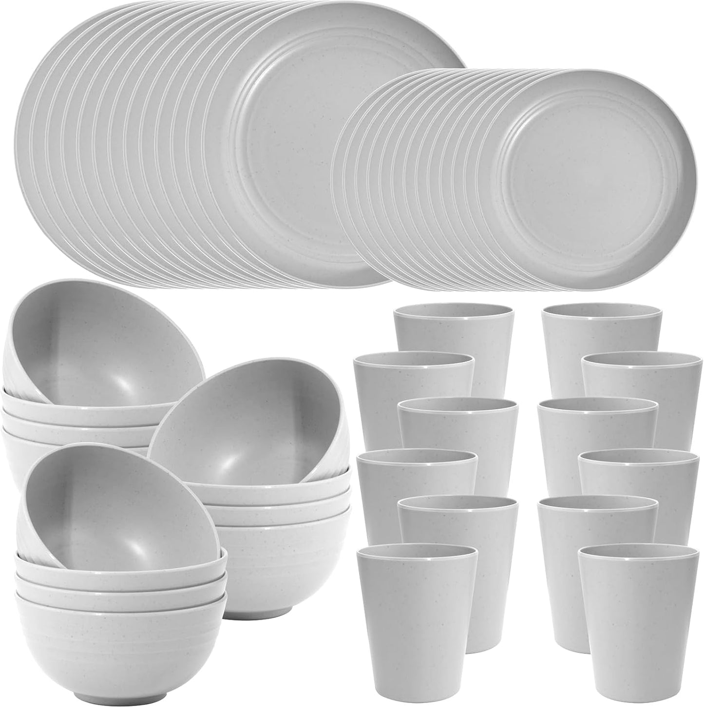 48pcs Grey Straw Dinnerware Set, Plates and Bowls Set, Camping Dish Set for 12, Plastic Dinnerware Set, Dishwasher Safe Dinnerware Set, Unbreakable Plates, Camper Dish Sets, Reusable Tableware