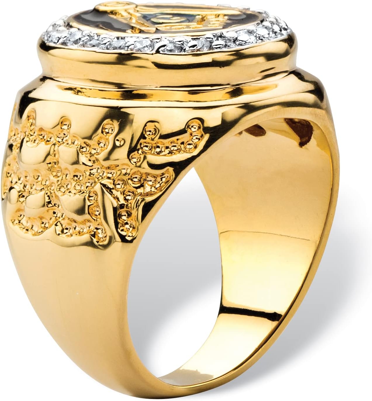 Men's Yellow Gold-Plated Round Cubic Zirconia Masonic Nugget Ring Sizes 9-14