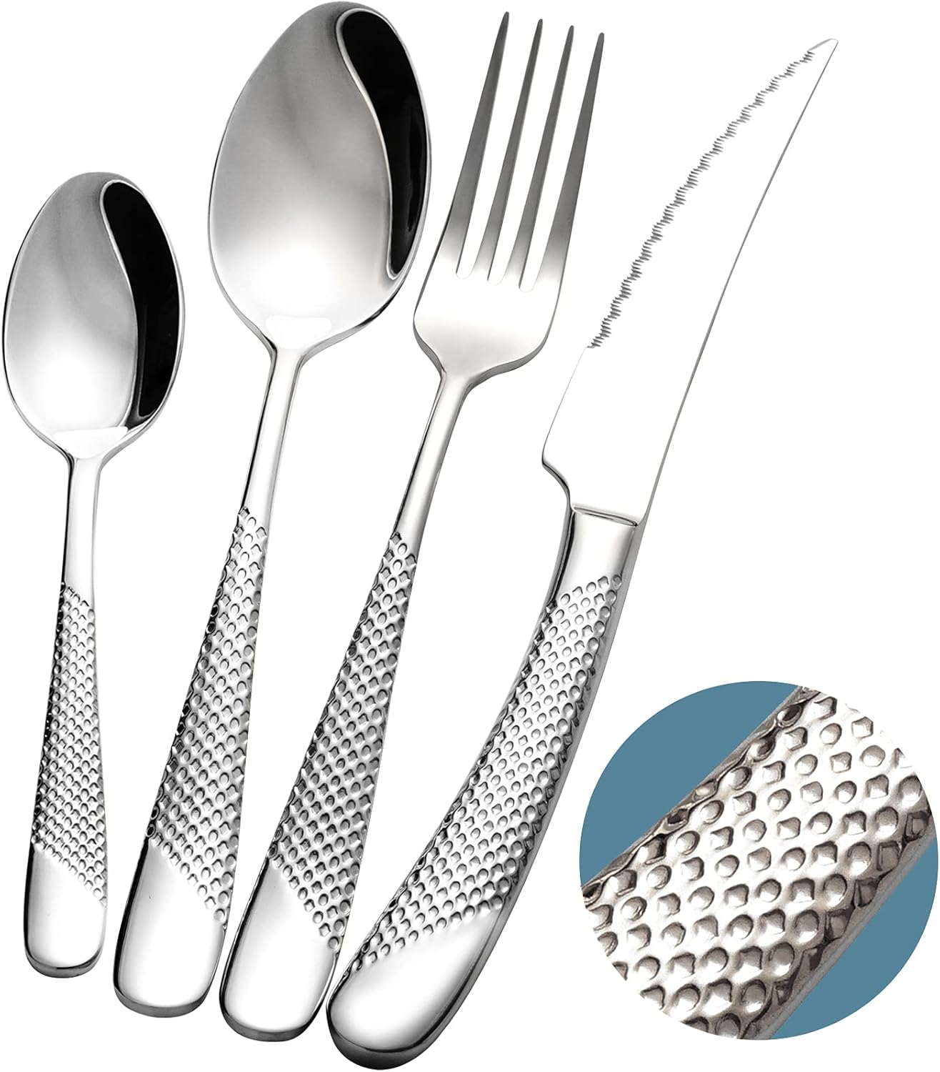 16-Piece Modern Hammered Cutlery Set with Ultra Sharp 2-in-1 Serrated Knife, 18/10 Stainless Steel Silverware Set, Flatware Set Service for 4, Tableware Utensil Set, Forks Spoons Knives Set