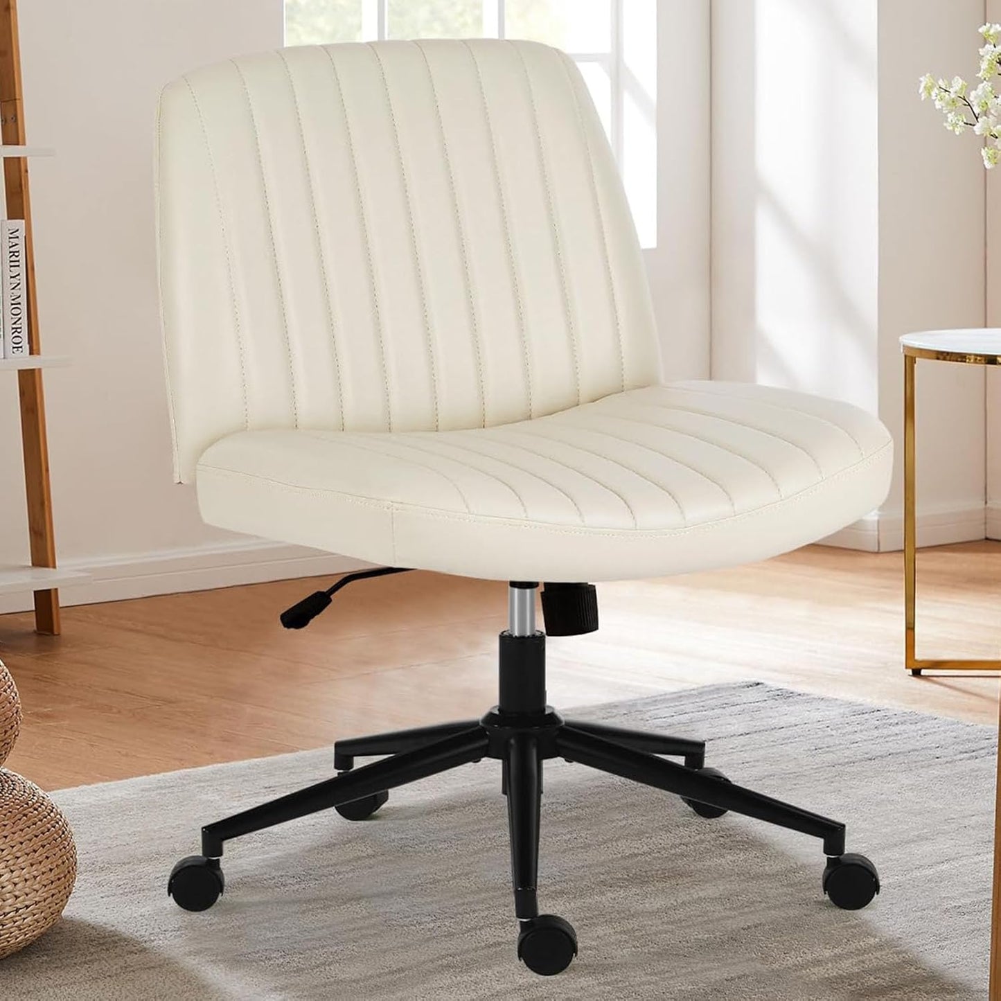 Criss Cross Chair Legged, Armless Office Desk Chair No Wheels, Swivel Vanity Chair, Height Adjustable Wide Seat Computer Task Chair, Fabric Vanity Modern Home Chair Blue