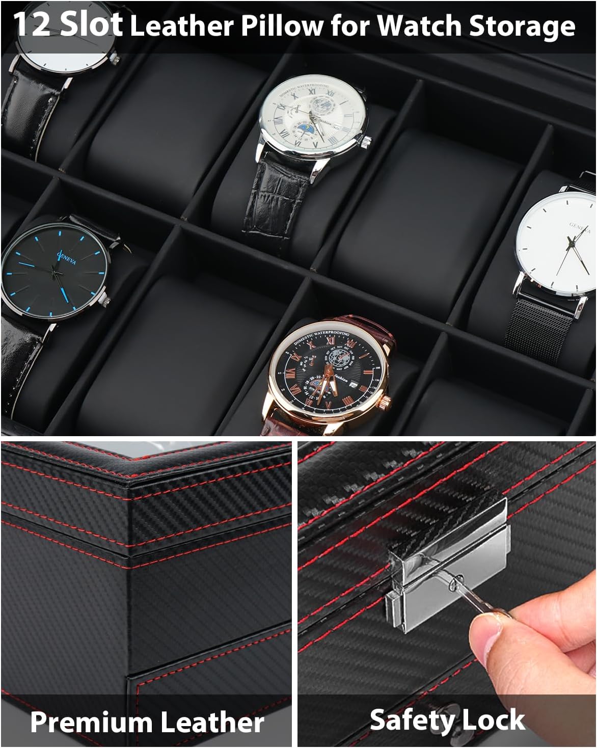 12 Slot Watch Case,2 Layers Watch Box Organizer with Large Glass Lid, Lockable Leather Watch Holder Display Case Storage with Jewelry Organizer Holder Drawer, Ideal Gift for Men Women, Black