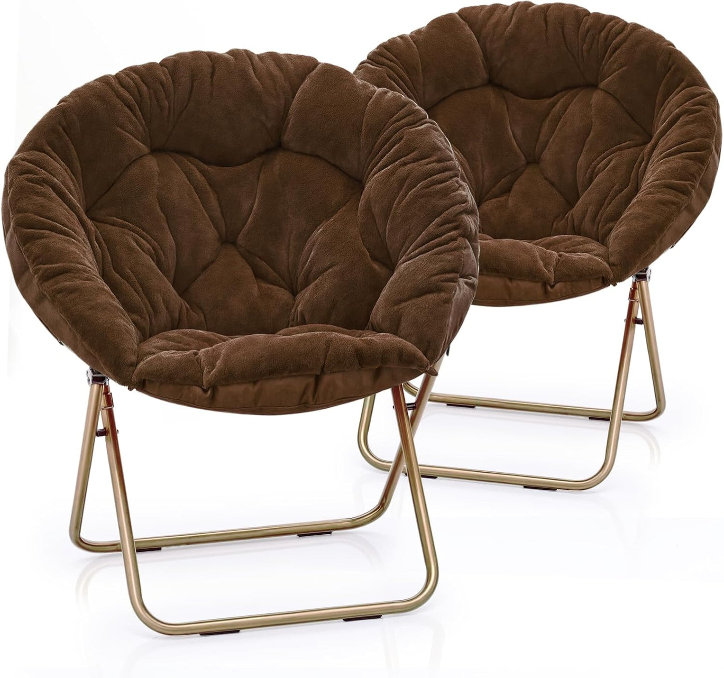 Round Folding Faux Fur Saucer Chair for Bedroom Living Room Dorm Foldable Metal Frame Oversized Large Comfy Furry Padded Soft Lounge Lazy Cozy Moon Chair for Adults (Beige, 2 Pieces)